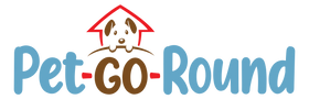 Logo of Pet-Go-Round with a dog icon and red roof on a white background