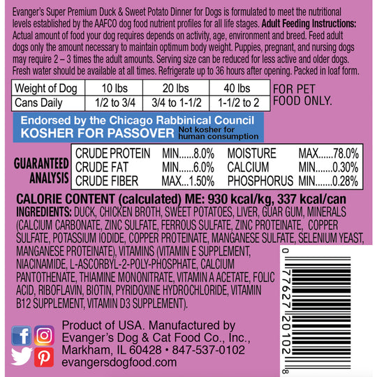 Evangers Super Premium Duck and Sweet Potato Canned Dog Food