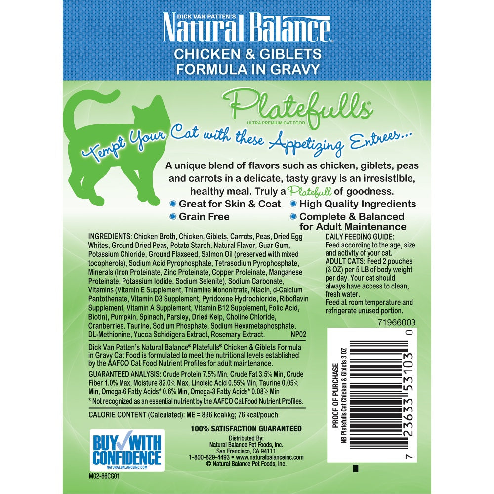 Natural Balance Platefulls Regular Grain Free Chicken and Giblets in Gravy Cat Pouch Wet Cat Food Pouch Wet Cat Food