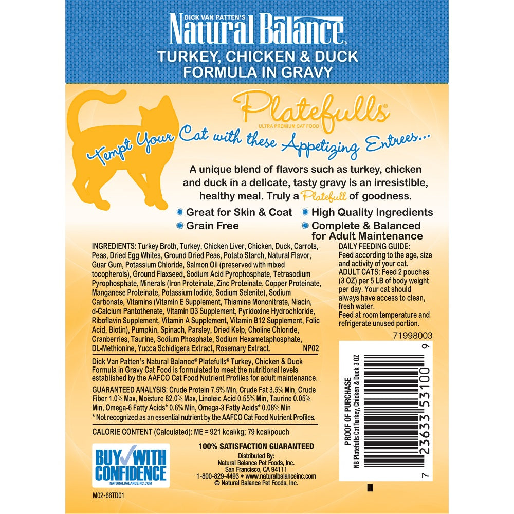 Natural Balance Platefulls Regular Grain Free Turkey Chicken and Duck in Gravy Pouch Wet Cat Food