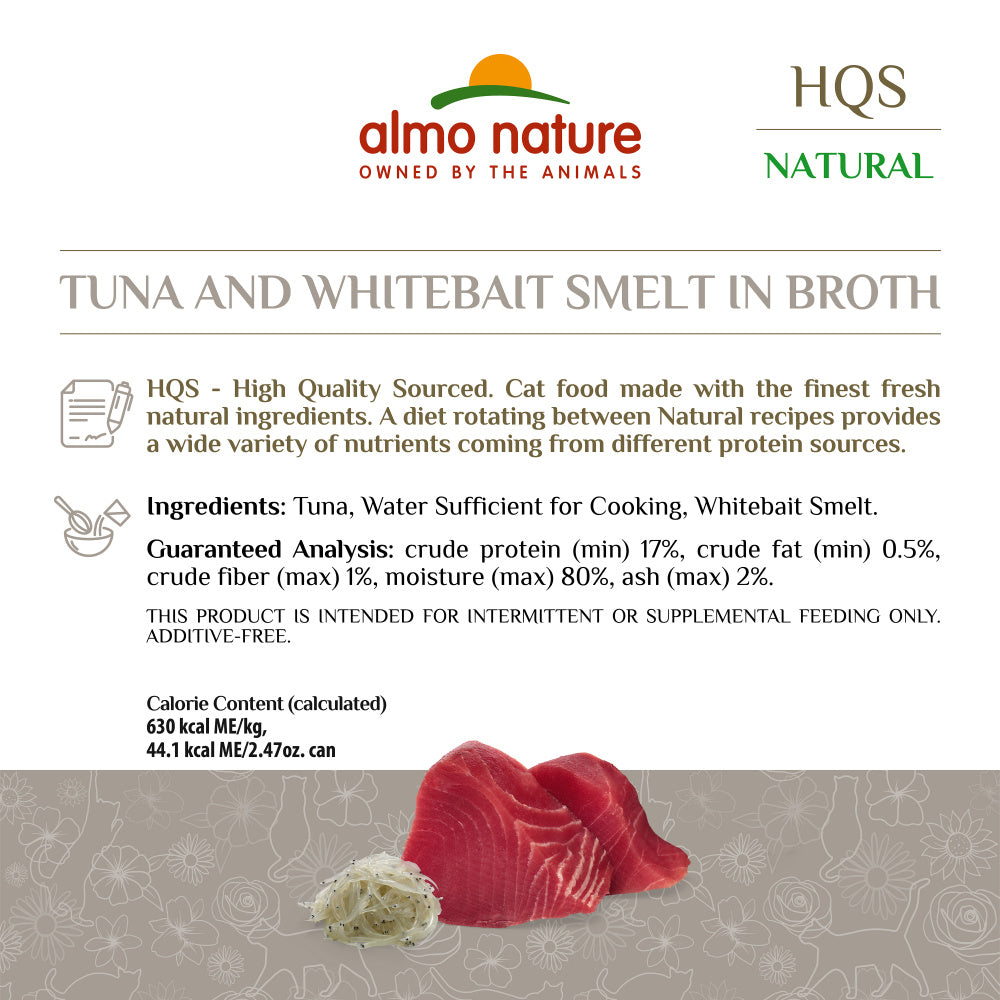 Almo HQS Natural Cat Grain Free Tuna and Whitebait Smelt In Broth Canned Cat Food