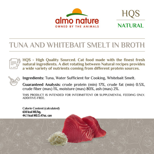 Almo HQS Natural Cat Grain Free Tuna and Whitebait Smelt In Broth Canned Cat Food