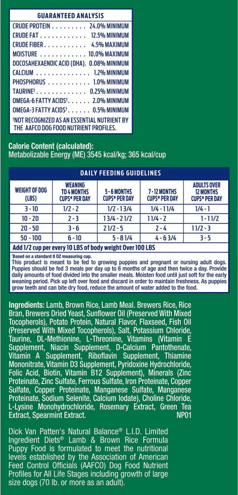 Natural Balance L.I.D. Limited Ingredient Diets Lamb & Brown Rice Puppy Formula Dry Dog Food