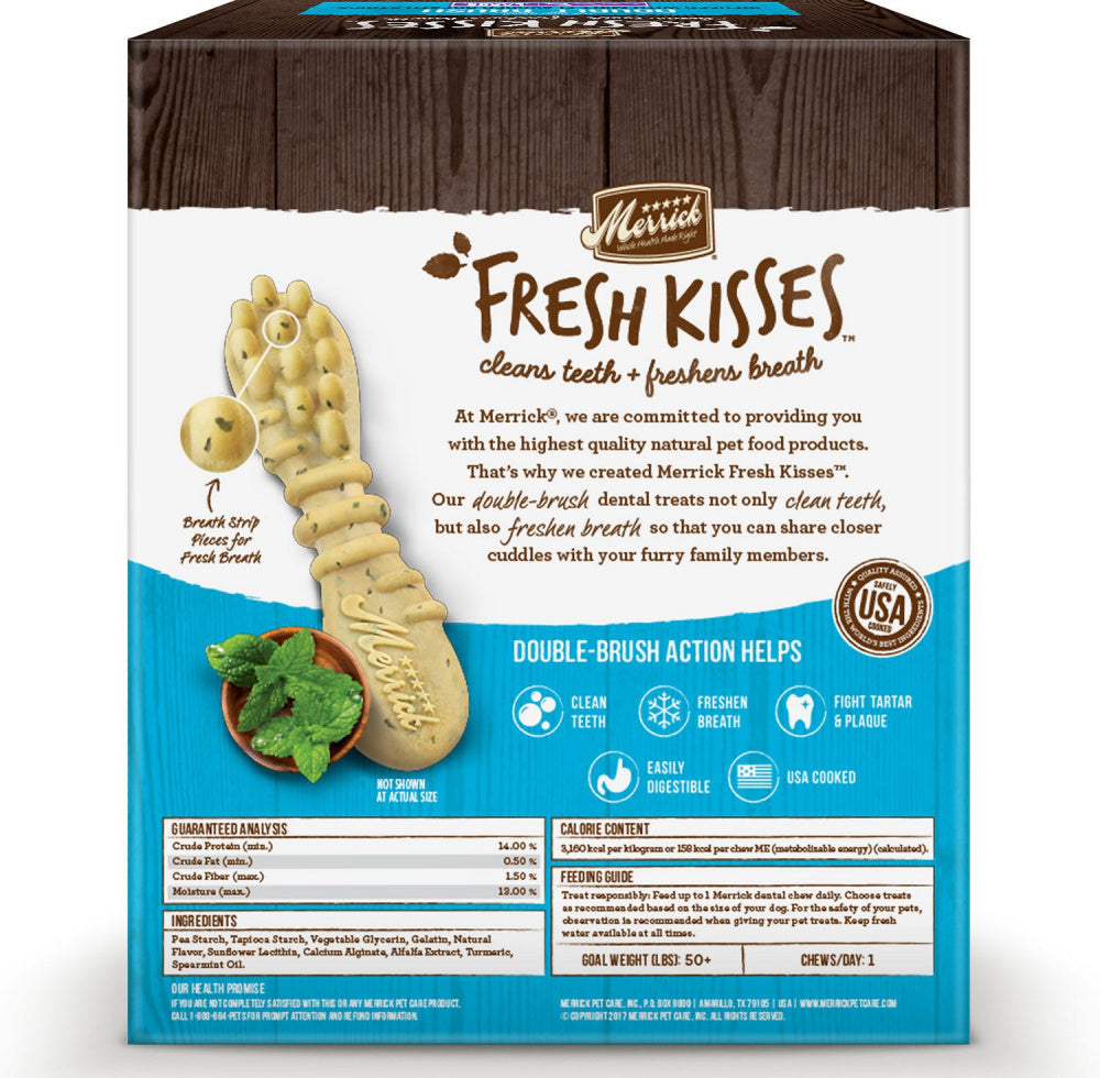 Merrick Fresh Kisses Grain Free Mint Breath Strips Large Dog Treat Box