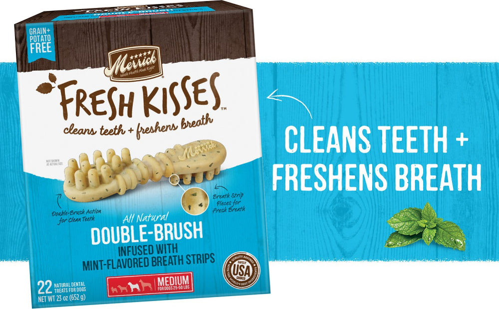 Merrick Fresh Kisses Grain Free Mint Breath Strips Medium Dog Treat Box