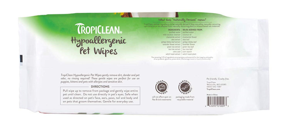 TropiClean Hypo Allergenic Deodorizing Bath Wipes for Dogs and