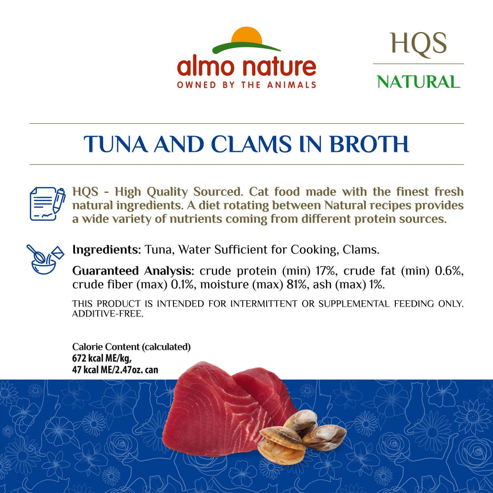 Almo Nature HQS Natural Cat Grain Free Additive Free Tuna with Clams In Broth Canned Cat Food